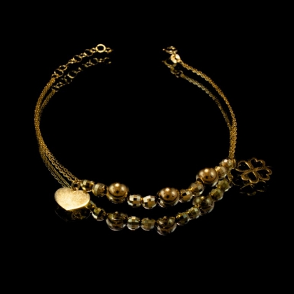 Złota bransoletka z koralikami Charms – zawieszki Koniczynka i Serce – pr 585