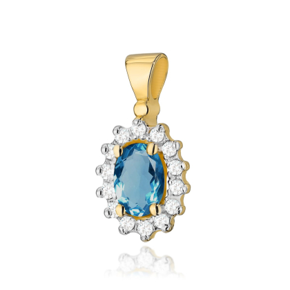 Złota zawieszka z Topazem London Blue 0,50ct i brylantami próby 585.