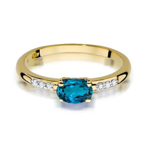 Złoty pierścionek z Topazem London Blue 0,50ct i Brylantami z żółtego złota próby 585. W-0077TLB