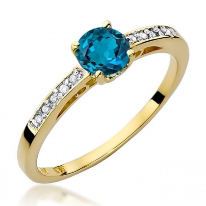 Złoty pierścionek z Topazem London Blue 0,50ct i Brylantami ze złota próby 585. W-0066TLB
