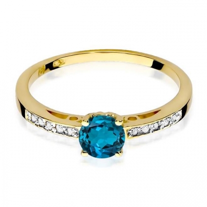 Złoty pierścionek z Topazem London Blue 0,50ct i Brylantami ze złota próby 585. W-0066TLB