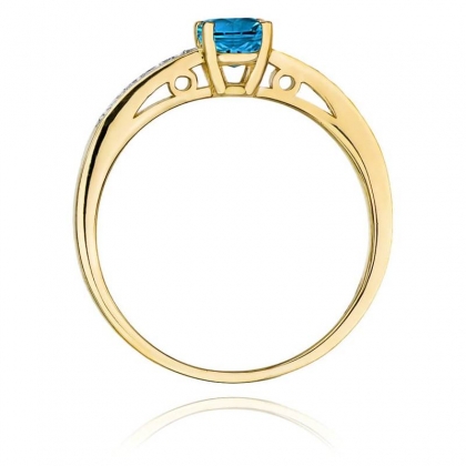 Złoty pierścionek z Topazem London Blue 0,50ct i Brylantami z żółtego złota próby 585