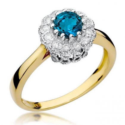 Pierścionek zaręczynowy z Topazem London Blue 0,50ct i Brylantami ze złota próby 585. W-0284LB