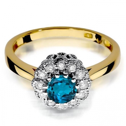 Pierścionek zaręczynowy z Topazem London Blue 0,50ct i Brylantami ze złota próby 585. W-0284LB