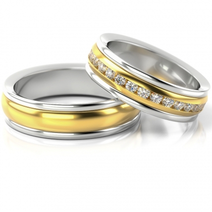 Dwukolorowe złote obrączki ślubne z rzędem cyrkonii próby 585