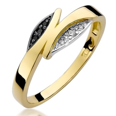 Złoty pierścionek z czarnymi i białymi brylantami 0,05ct - żółte złoto próby 585