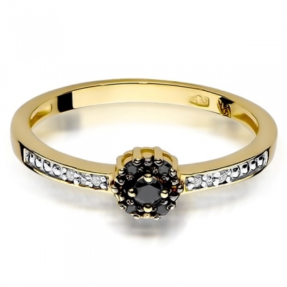 Złoty pierścionek zaręczynowy z białymi i czarnymi diamentami 0,09ct próby 585