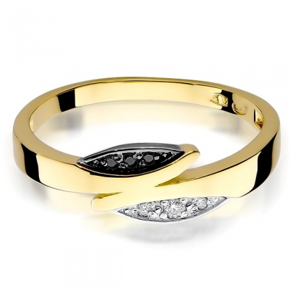 Złoty pierścionek z czarnymi i białymi Brylantami 0,05ct - żółte złoto próby 585