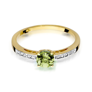 Złoty pierścionek z Oliwinem 0,60ct i Brylantami próby 585. W-0066O