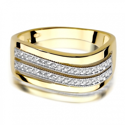 Złoty szeroki pierścionek z Brylantami 0,18ct - żółte/białe złoto pr.585