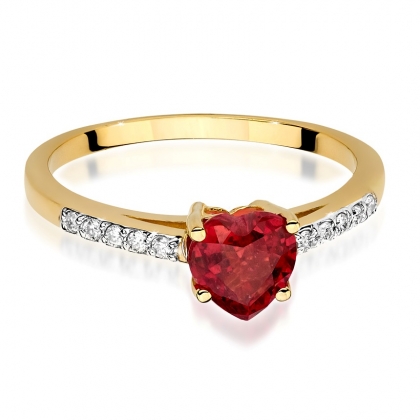 Pierścionek z Rubinem w kształcie serca 1,10ct i diamentami z żółtego złota pr.585