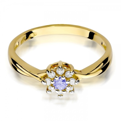 Pierścionek ze złota z Tanzanitem 0,15ct i Diamentami próby 585. W-0072TAN