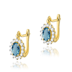Kolczyki  z Topazem London Blue 1,0ct i brylantami - złoto próby 585, zapięcie angielskie