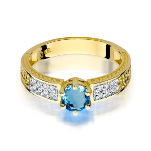 Złoty pierścionek z Topazem London Blue 0,50ct i Brylantami, złoto próby 585. W-0075TLB