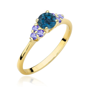 Pierścionek z Topazem London Blue 0,50 ct i Tanzanitami 0,30ct ze złota próby 585. W-451TLBT