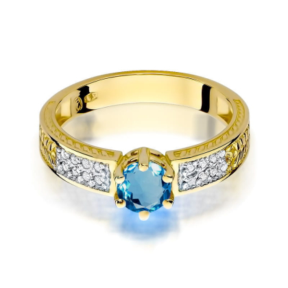 Złoty pierścionek z Topazem London Blue 0,50ct i Brylantami, złoto próby 585. W-0075TLB