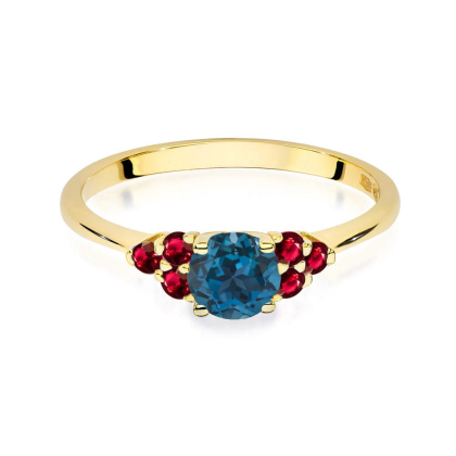 Pierścionek z Topazem London Blue 0,50 ct i Rubinami 0,30ct ze złota próby 585. W-451TLBR