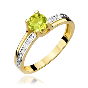 Pierścionek ze złota próby 585 z Oliwinem 0,60ct i Brylantami. W-0106O