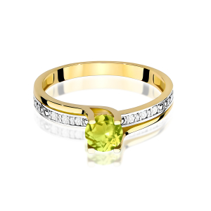 Pierścionek ze złota próby 585 z Oliwinem 0,60ct i Brylantami. W-0106O