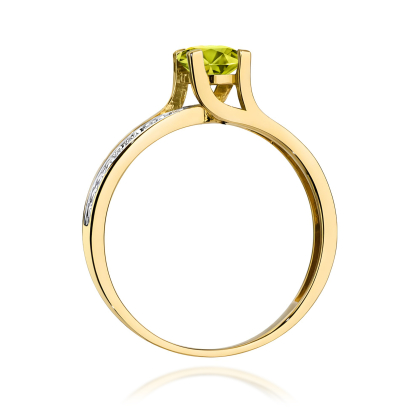 Pierścionek ze złota próby 585 z Oliwinem 0,60ct i Brylantami. W-0106O