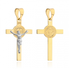 Złoty krzyżyk dwustronny Benedyktyński z jezeusem w białym złocie próby 585