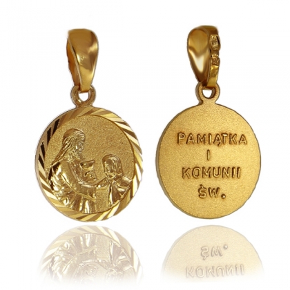 Złoty medalik z napisem Pamiątka I Komunii Św. 585