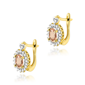 Złote kolczyki z Morganitami 0,80ct i diamentami - zapięcie angielskie, pr.585