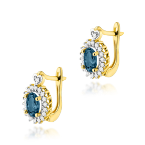 Złote kolczyki z Topazami London Blue 1,0ct i diamentami - zapięcie angielskie, pr.585