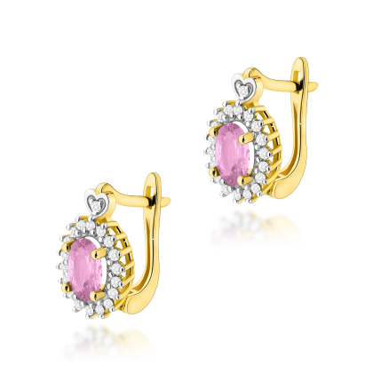 Złote kolczyki z Różowym Szafirem 0,90ct i diamentami - zapięcie angielskie, pr.585